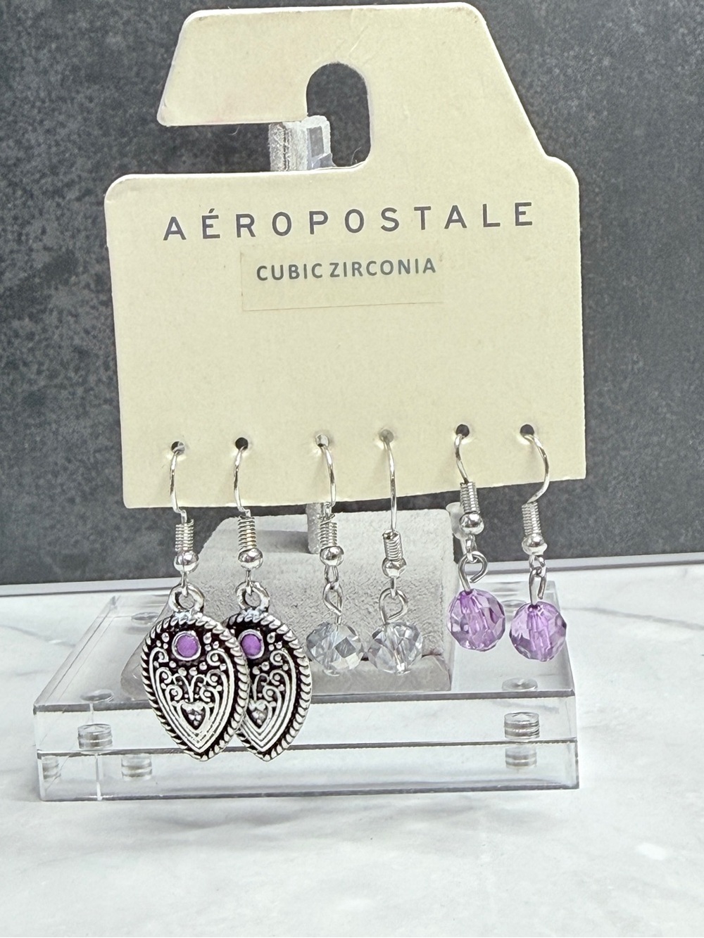 🚨3 for $15🚨 Aeropostale Silver-tone Earrings Set with Purple and Clear Accents - Picture 5 of 5